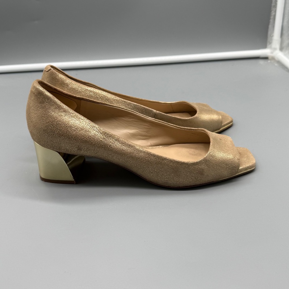 Karl Lagerfeld Paris Hope Gold Metallic Peep Toe Block Heel Pumps Size 8.5M
